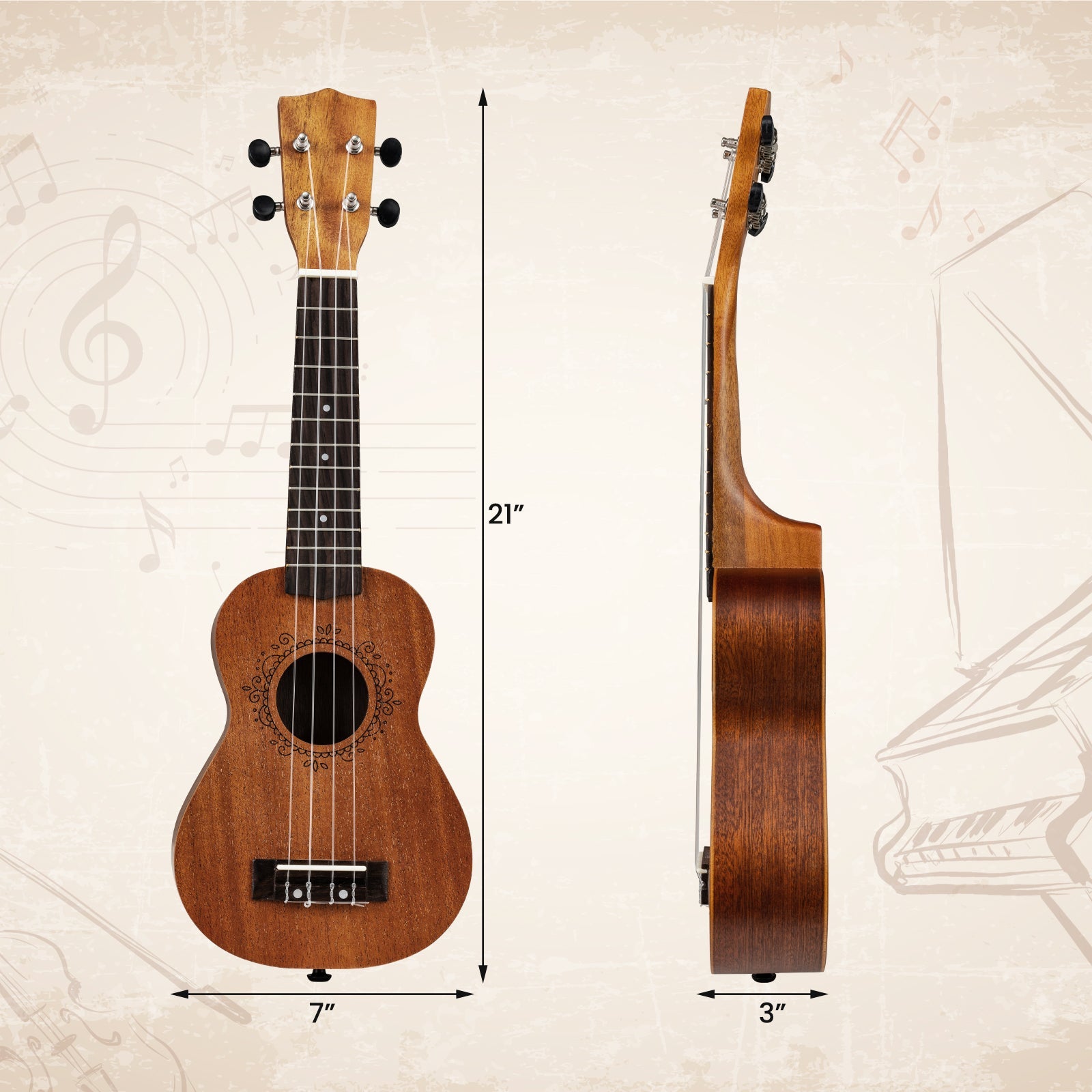 21 Inch Soprano Mahogany Wooden Ukelele Set with Adjustable Strap