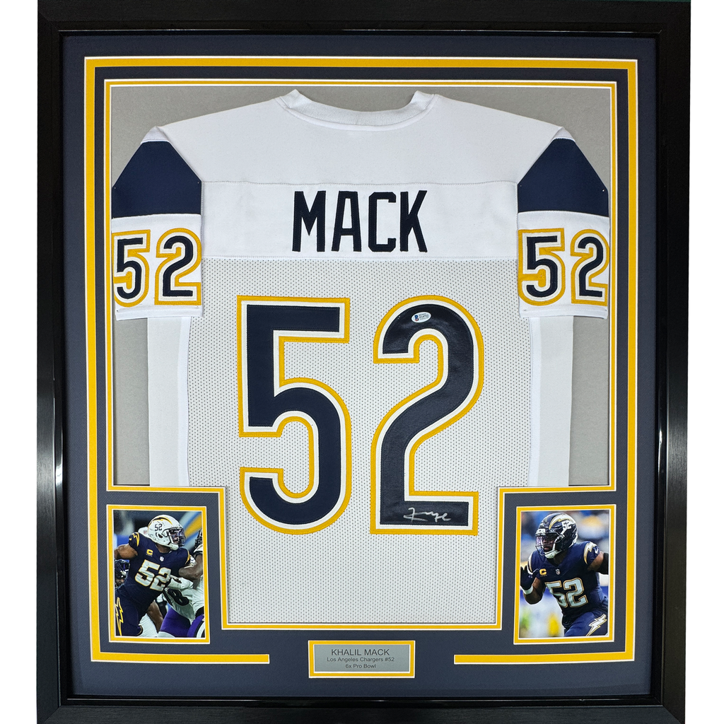 Framed Autographed/Signed Khalil Mack 35x39 Los Angeles LA White Football Jersey Beckett BAS COA