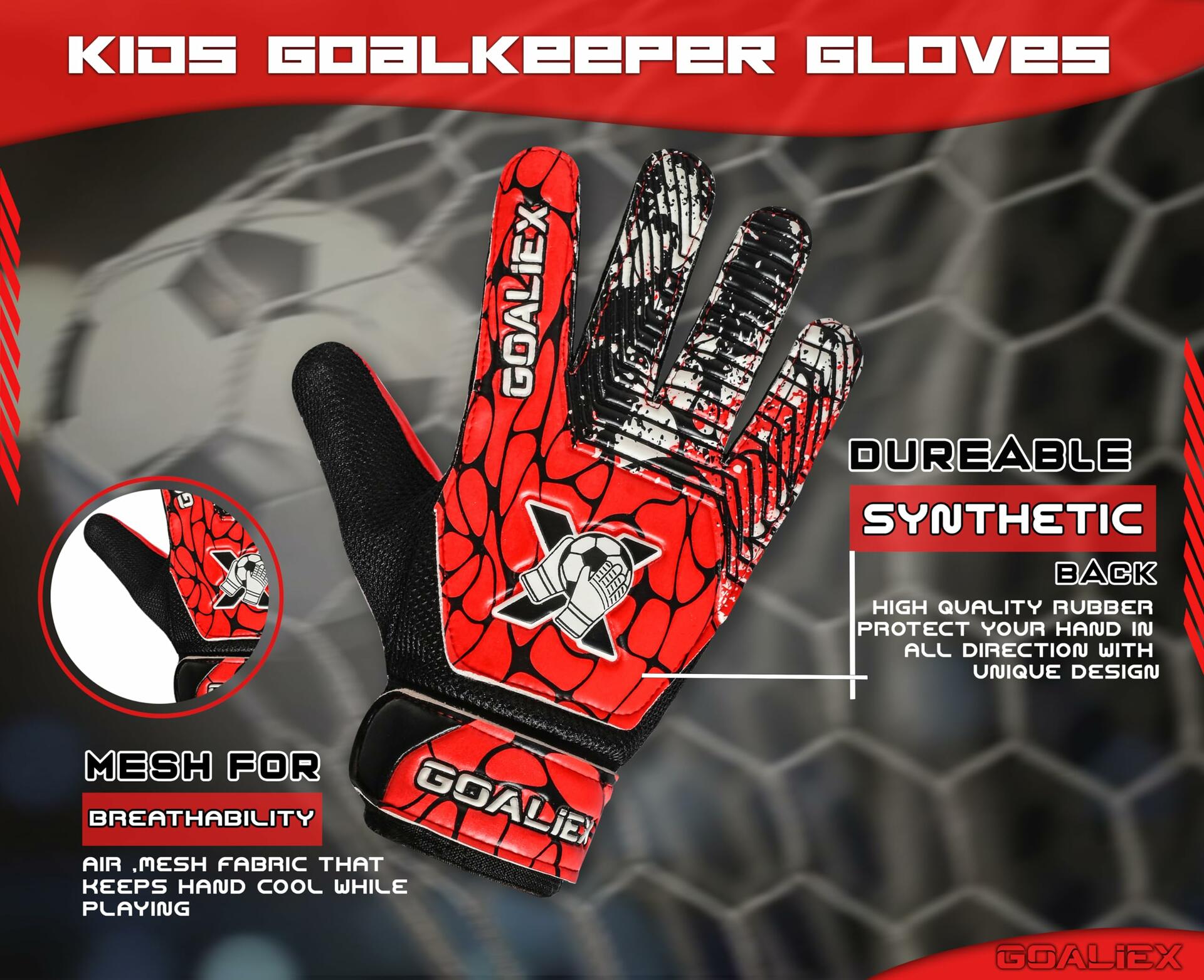 Soccer Goalie Gloves Youth Boys Double Wrist 4mm Super Grip Palm Size 3